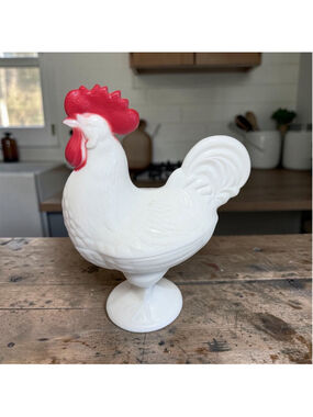 Vintage Westmoreland Milk Glass Rooster Candy Dish Pedestal Hand Painted Chicken